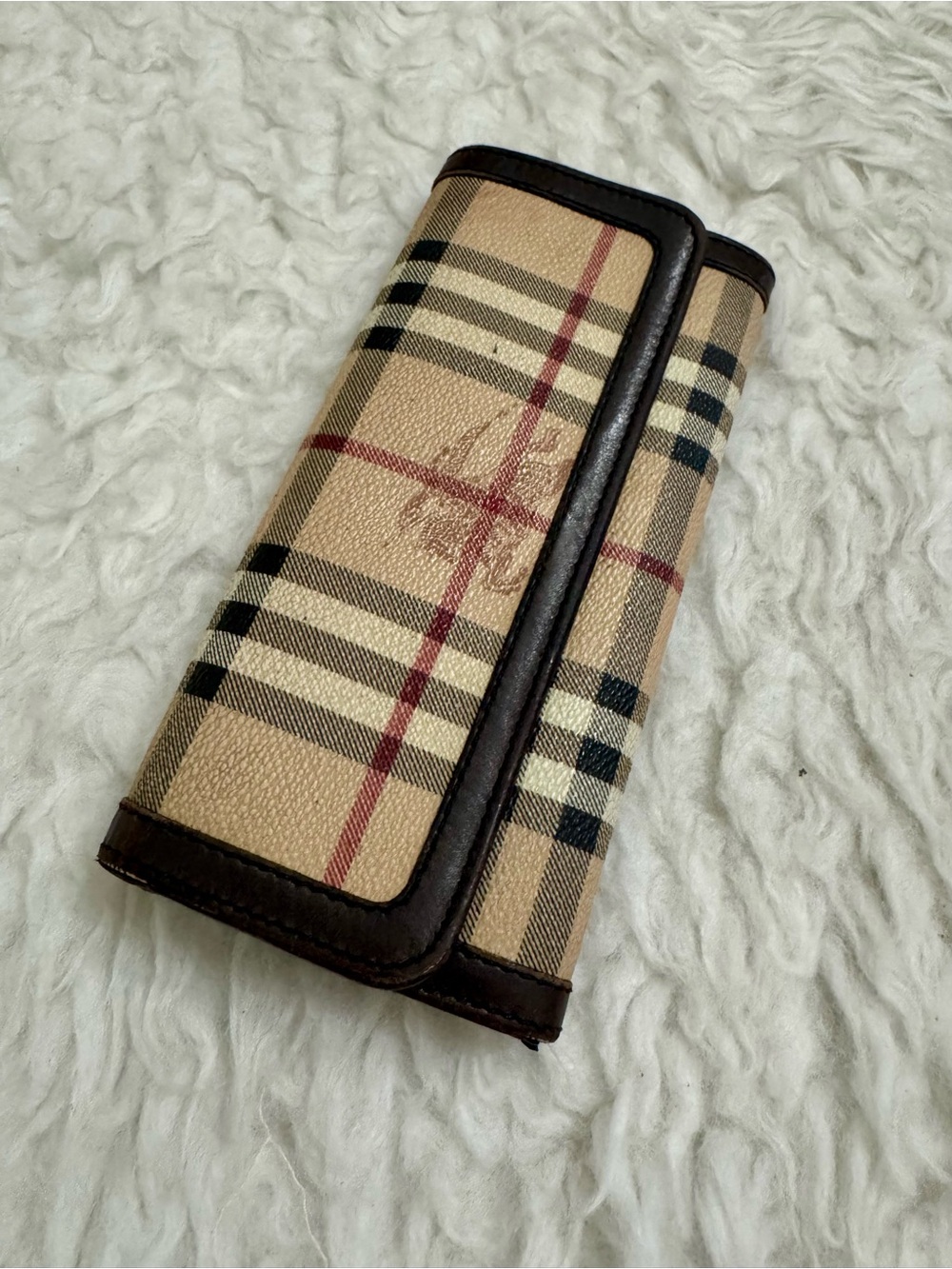 Burberry Beige Plaid Canvas Wallet with Brown Trim and Red Accents